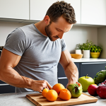 A man preparing a healthy meal with fresh fruits, vegetables, and whole grains in a modern kitchen. Focus on vibrant colors and natural light, showcasing a balanced diet for improved fertility.